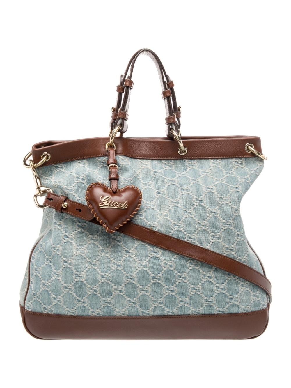 Y2K Gucci Light Blue Denim and Brown Leather Heart Charm Tote